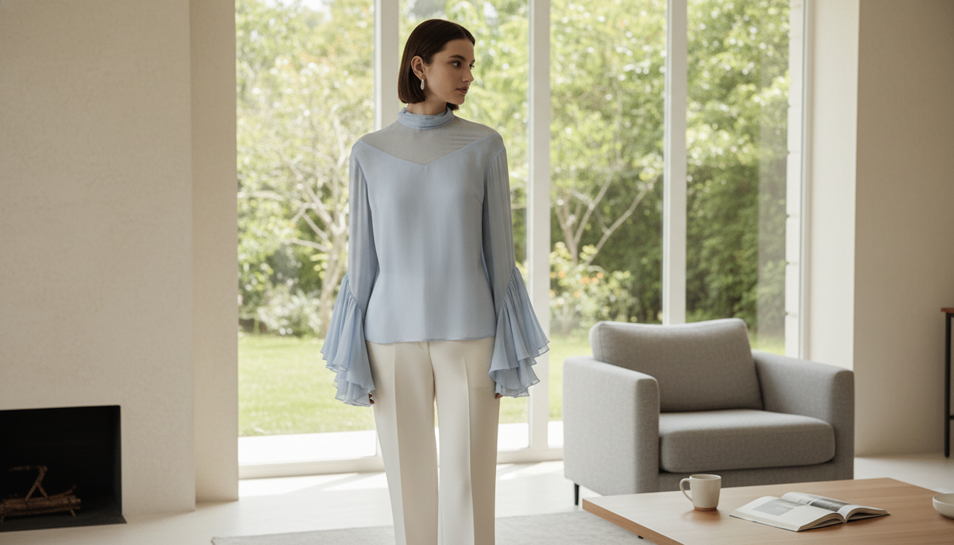 Semi-Sheer Silk Blouse with Flared Sleeves & Mock Neck