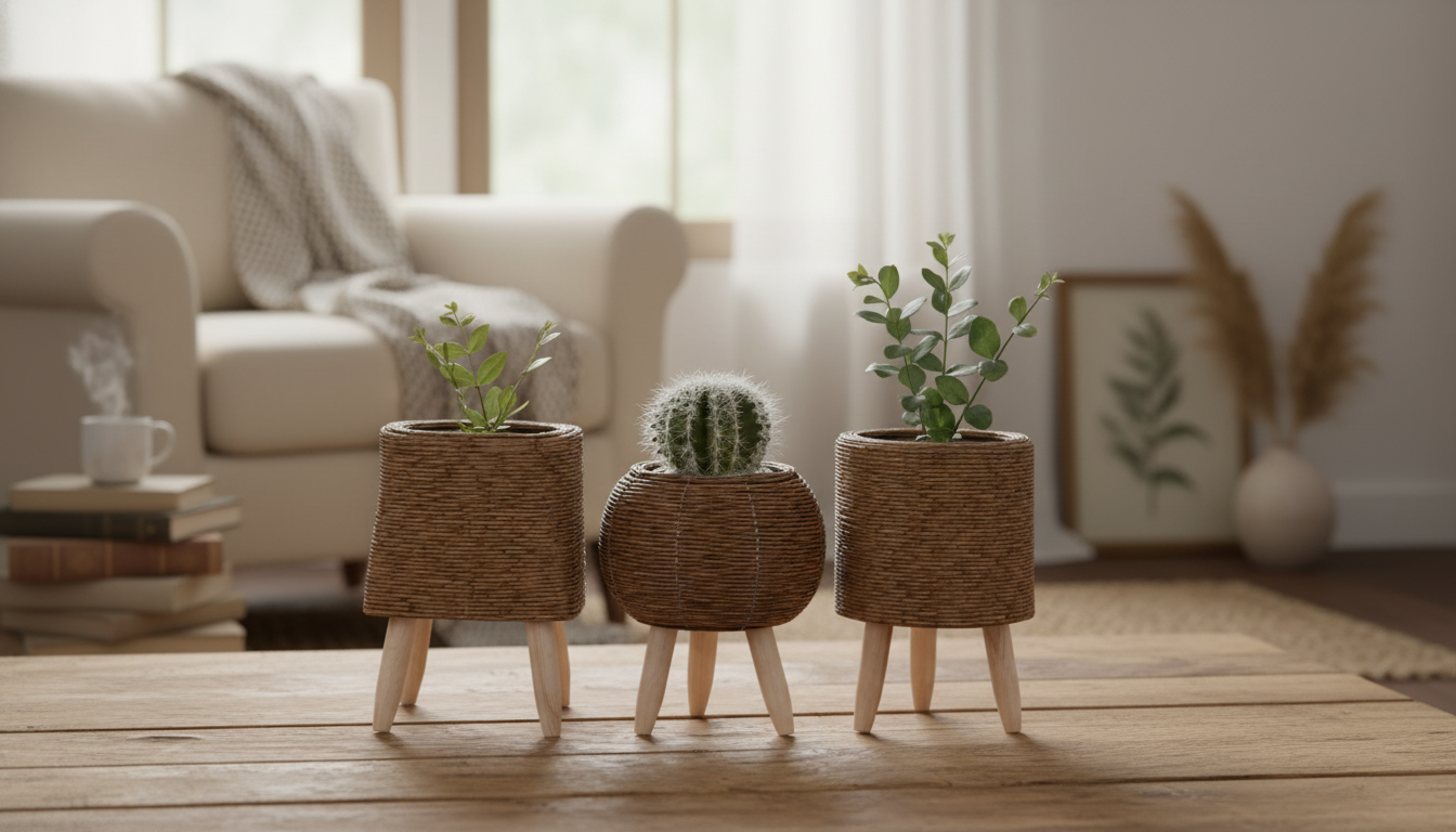 Vintage Rattan-Look Flower Stand with Wooden Legs